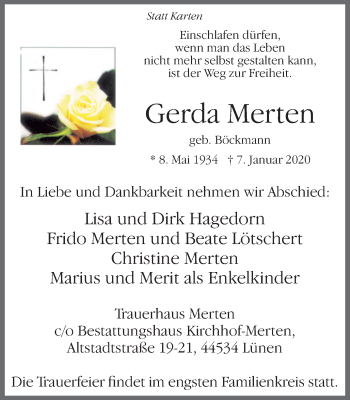 Traueranzeige von Gerda Merten von Lüner Anzeiger