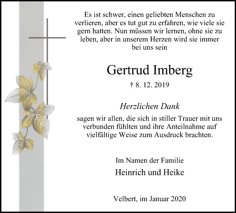  Traueranzeige für Gertrud Imberg vom 18.01.2020 aus Stadtanzeiger Velbert + Heiligenhaus