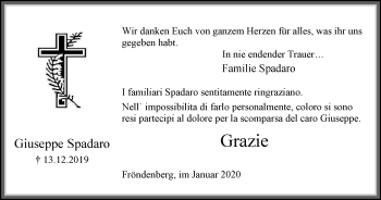 Traueranzeige von Giuseppe Spadaro von Stadtspiegel Menden + Froendenberg