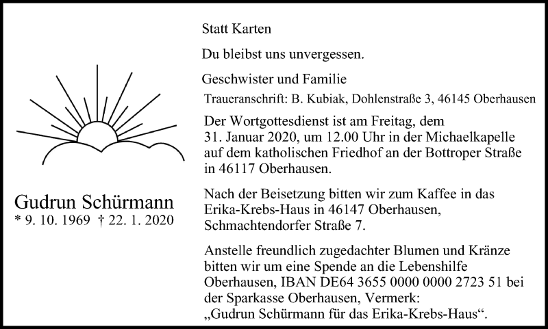  Traueranzeige für Gudrun Schürmann vom 29.01.2020 aus Wochen-Anzeiger Oberhausen