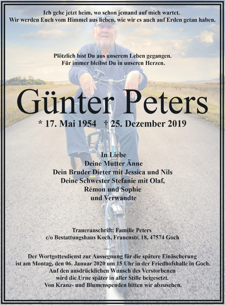  Traueranzeige für Günter Peters vom 04.01.2020 aus Gocher Wochenblatt
