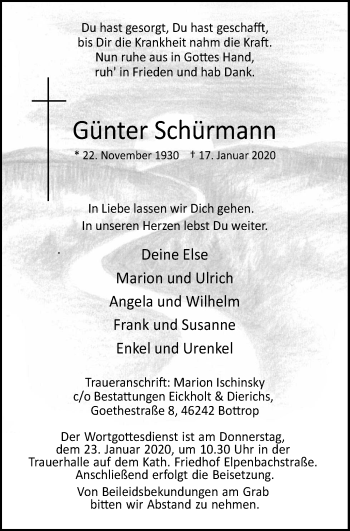Traueranzeige von Günter Schürmann von Wochen-Anzeiger Oberhausen