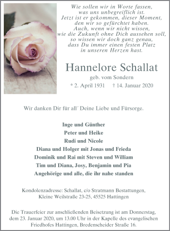 Traueranzeige von Hannelore Schallat von Stadtspiegel Hattingen/Niedersprockhövel