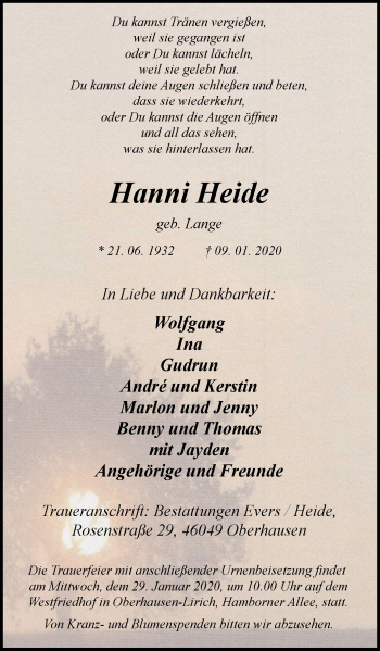 Traueranzeige von Hanni Heide von Wochen-Anzeiger Oberhausen