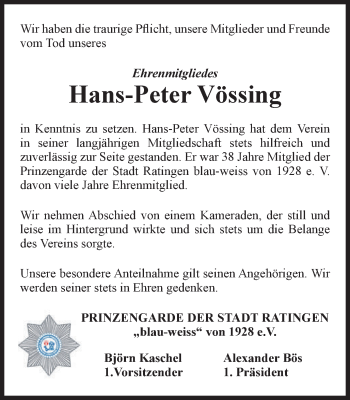 Traueranzeige von Hans-Peter Vössing von WVW Anzeigenblätter