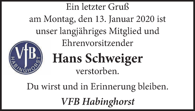  Traueranzeige für Hans Schweiger vom 18.01.2020 aus Stadtanz.Castrop-Rauxel