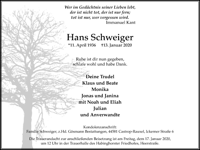  Traueranzeige für Hans Schweiger vom 15.01.2020 aus Stadtanz.Castrop-Rauxel