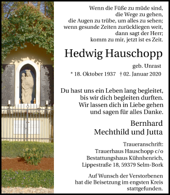 Traueranzeige von Hedwig Hauschopp von Lüner Anzeiger