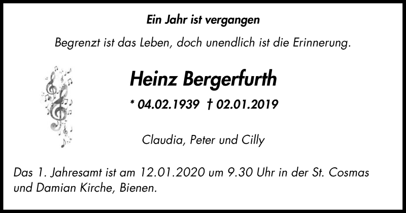  Traueranzeige für Heinz Bergerfurth vom 08.01.2020 aus Stadtanzeiger Emmerich/Rees/Isselburg