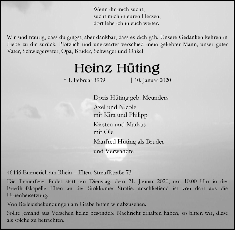 Traueranzeige für Heinz Hüting vom 15.01.2020 aus Stadtanzeiger Emmerich/Rees/Isselburg