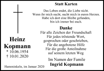 Traueranzeige von Heinz Kopmann von Der Weseler + Der Xantener