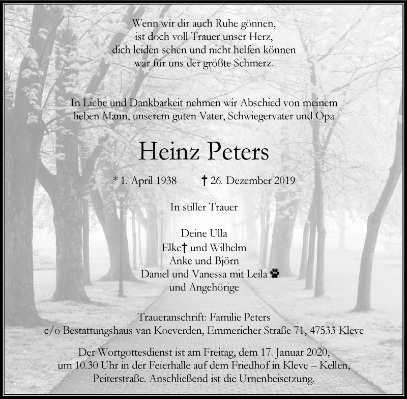  Traueranzeige für Heinz Peters vom 11.01.2020 aus Klever Wochenblatt