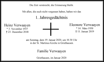 Traueranzeige von Heinz und Eleonore Verwaayen von Klever Wochenblatt