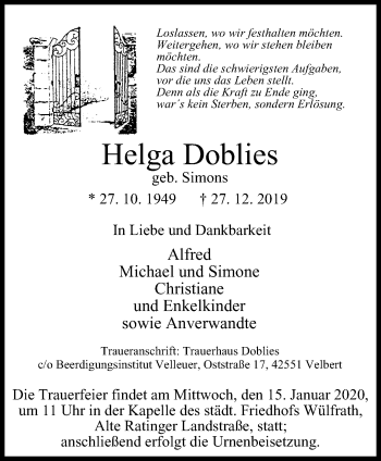 Traueranzeige von Helga Doblies von Stadtanzeiger Velbert + Heiligenhaus