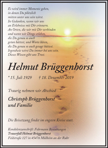Traueranzeige von Helmut Brüggenhorst von Mülheimer Woche