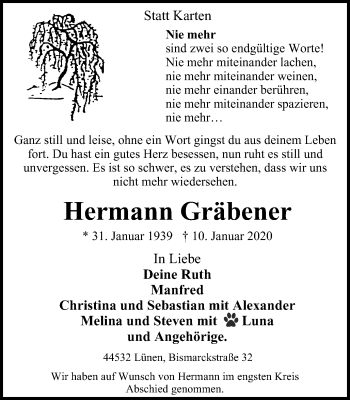 Traueranzeige von Hermann Gräbener von Lüner Anzeiger