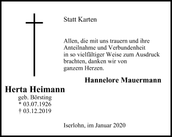 Traueranzeige von Herta Heimann von Stadtspiegel Iserlohn + Hemer