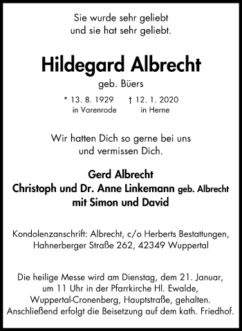 Traueranzeige von Hildegard Albrecht von Wochenblatt Herne/Wanne-Eickel