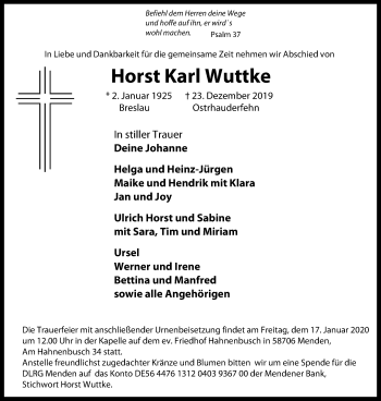 Traueranzeige von Horst Karl Wuttke von Stadtspiegel Menden + Froendenberg