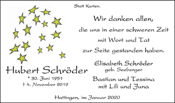 Traueranzeige von Hubert Schröder von Stadtspiegel Hattingen/Niedersprockhövel