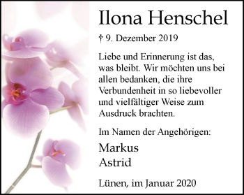 Traueranzeige von Ilona Henschel von Lüner Anzeiger