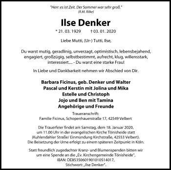 Traueranzeige von Ilse Denker von Stadtanzeiger Velbert + Heiligenhaus