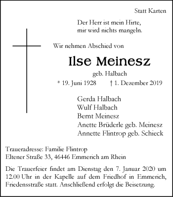 Traueranzeige von Ilse Meinesz von Stadtanzeiger Emmerich/Rees/Isselburg