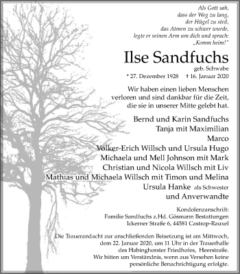 Traueranzeige von Ilse Sandfuchs von Stadtanz.Castrop-Rauxel