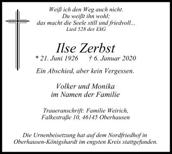 Traueranzeige von Ilse Zerbst von Wochen-Anzeiger Oberhausen