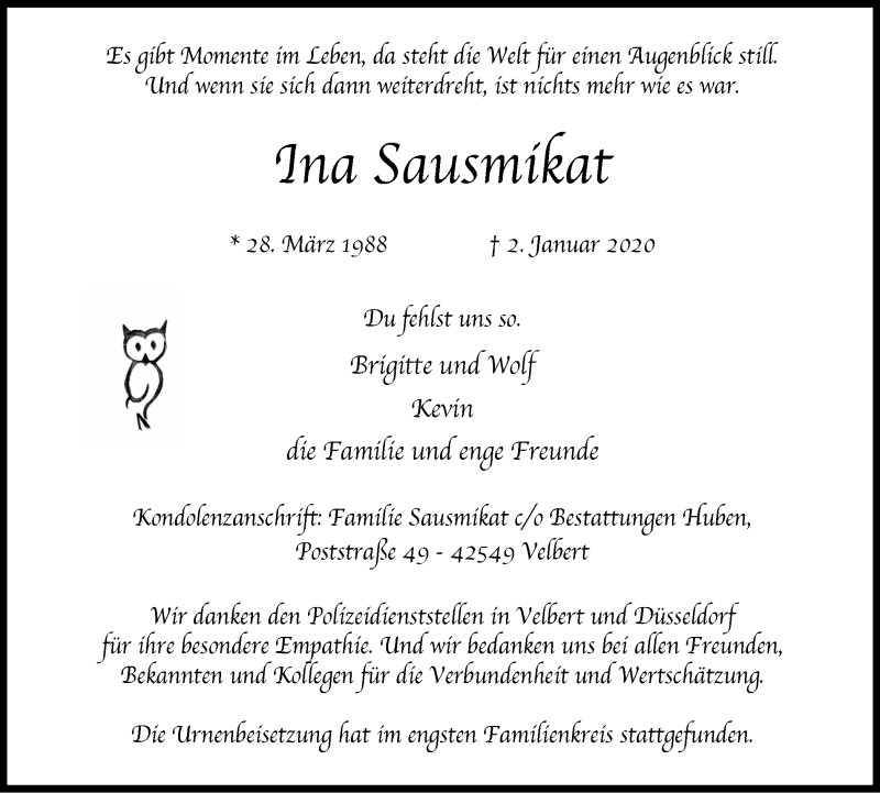  Traueranzeige für Ina Sausmiiat vom 18.01.2020 aus Stadtanzeiger Velbert + Heiligenhaus