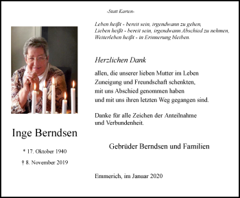 Traueranzeige von Inge Berndsen von Stadtanzeiger Emmerich/Rees/Isselburg