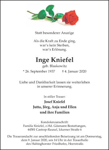 Traueranzeige von Inge Kniefel von Stadtanz.Castrop-Rauxel