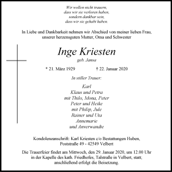 Traueranzeige von Inge Kriesten von Stadtanzeiger Velbert + Heiligenhaus