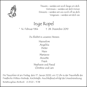 Traueranzeige von Inge Ropel von Stadtspiegel Hattingen/Niedersprockhövel