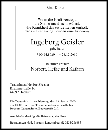 Traueranzeige von Ingeborg Geisler von Stadtspiegel Bochum