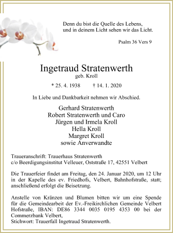 Traueranzeige von Ingetraud Stratenwerth von Stadtanzeiger Velbert + Heiligenhaus