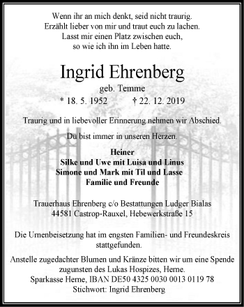 Traueranzeige von Ingrid Ehrenberg von Stadtanz.Castrop-Rauxel