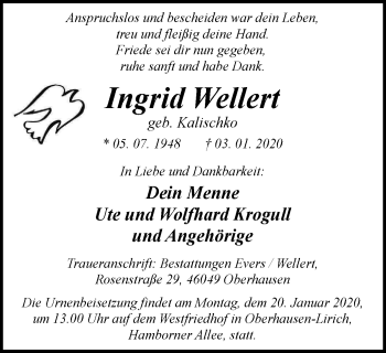 Traueranzeige von Ingrid Wellert von Wochen-Anzeiger Oberhausen