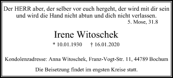 Traueranzeige von Irene Witoschek von Stadtspiegel Bochum