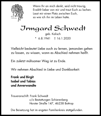 Traueranzeige von Irmgard Schwedt von Stadtspiegel Bottrop
