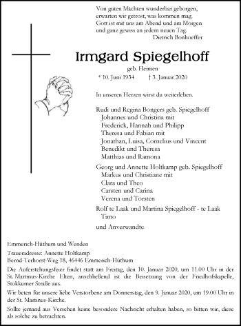 Traueranzeige von Irmgard Spiegelhoff von Stadtanzeiger Emmerich/Rees/Isselburg