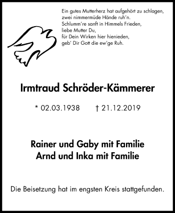 Traueranzeige von Irmtraud Schröder-Kämmerer von Der Weseler + Der Xantener