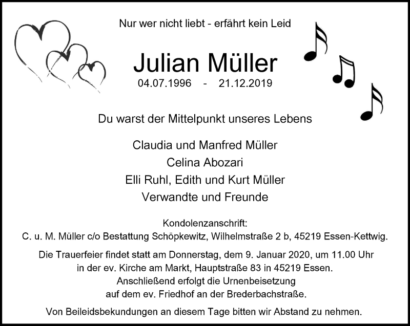  Traueranzeige für Julian Müller vom 04.01.2020 aus Werden/Kettwig Kurier