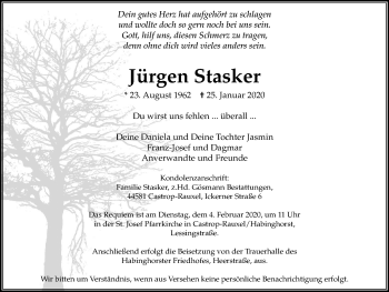 Traueranzeige von Jürgen Stasker von Stadtanz.Castrop-Rauxel
