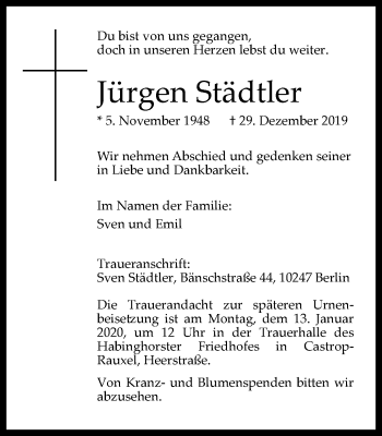 Traueranzeige von Jürgen Städtler von Stadtanz.Castrop-Rauxel
