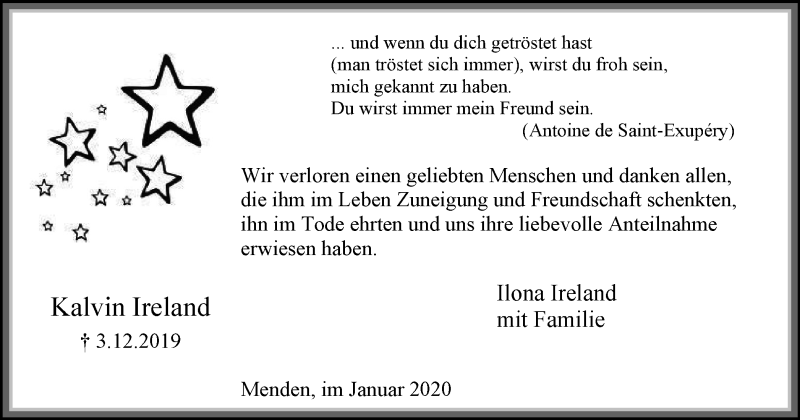  Traueranzeige für Kalvin Ireland vom 04.01.2020 aus Stadtspiegel Menden + Froendenberg