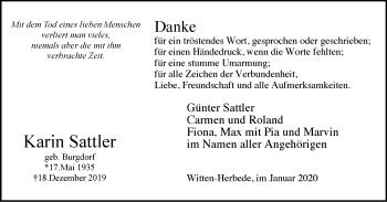 Traueranzeige von Kann Sattler von Witten aktuell