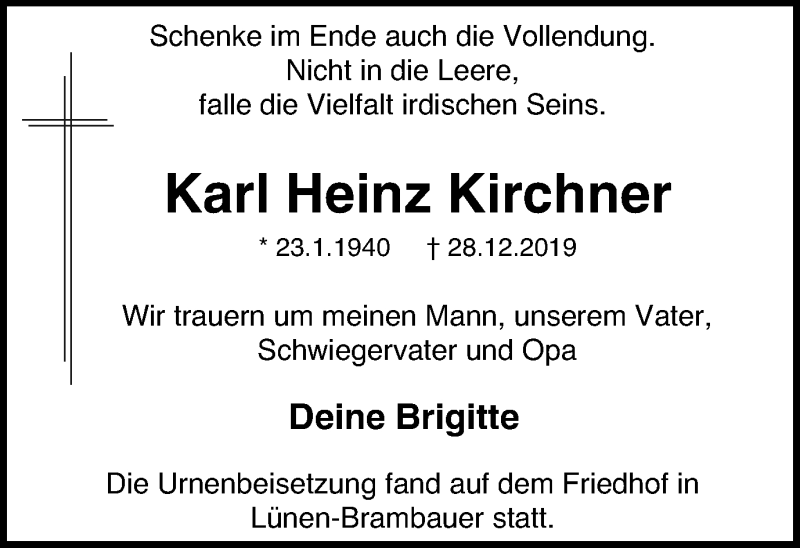 Traueranzeigen von Karl Heinz Kirchner | Trauer-in-NRW.de