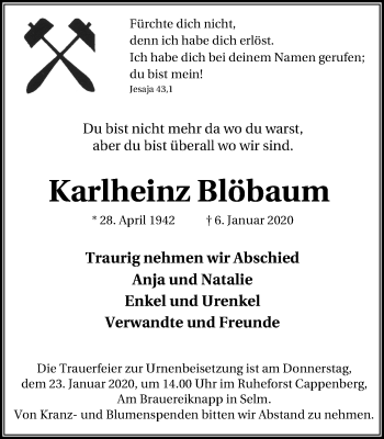 Traueranzeige von Karlheinz Blöbaum von Lüner Anzeiger