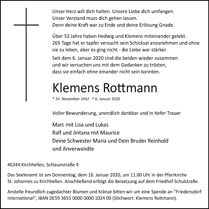  Traueranzeige für Klemens Rottmann vom 11.01.2020 aus Stadtspiegel Bottrop